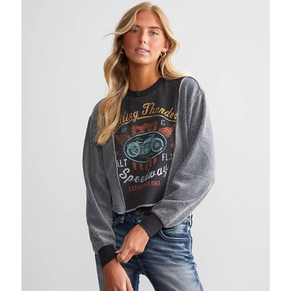 Modish Rebel Rolling Thunder Mixed Media Pullover Sweatshirt Medium Moto Alt Emo